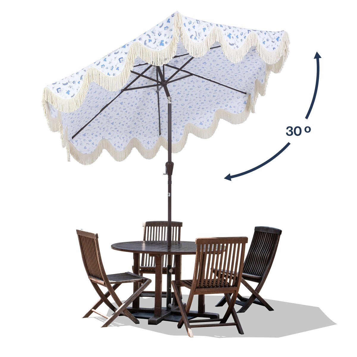 Tracy 9 ft. Classic Cottage Tassel Market Patio Umbrella with Auto-Tilt, Crank, Wind Vent and UV Protection, by JONATHAN Y