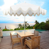 Tracy 9 ft. Classic Cottage Tassel Market Patio Umbrella with Auto-Tilt, Crank, Wind Vent and UV Protection, by JONATHAN Y