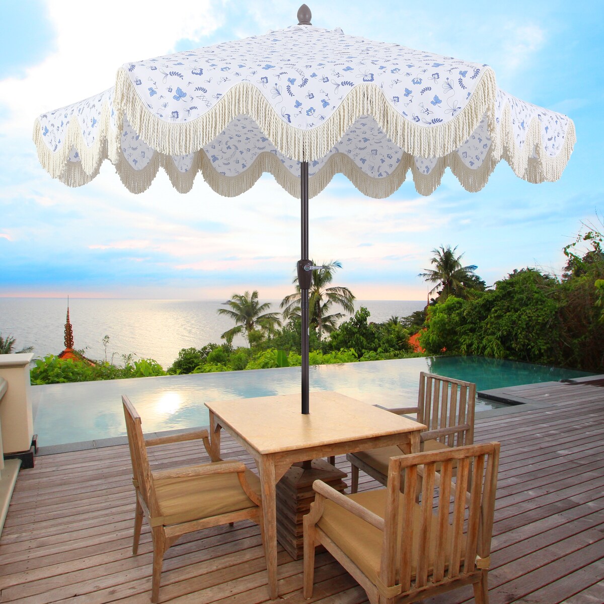 Tracy 9 ft. Classic Cottage Tassel Market Patio Umbrella with Auto-Tilt, Crank, Wind Vent and UV Protection, by JONATHAN Y