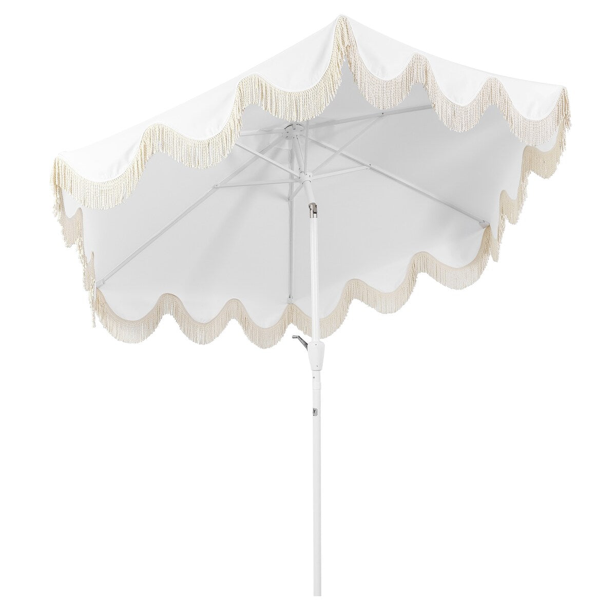 Tracy 9 ft. Classic Cottage Tassel Market Patio Umbrella with Auto-Tilt, Crank, Wind Vent and UV Protection, by JONATHAN Y