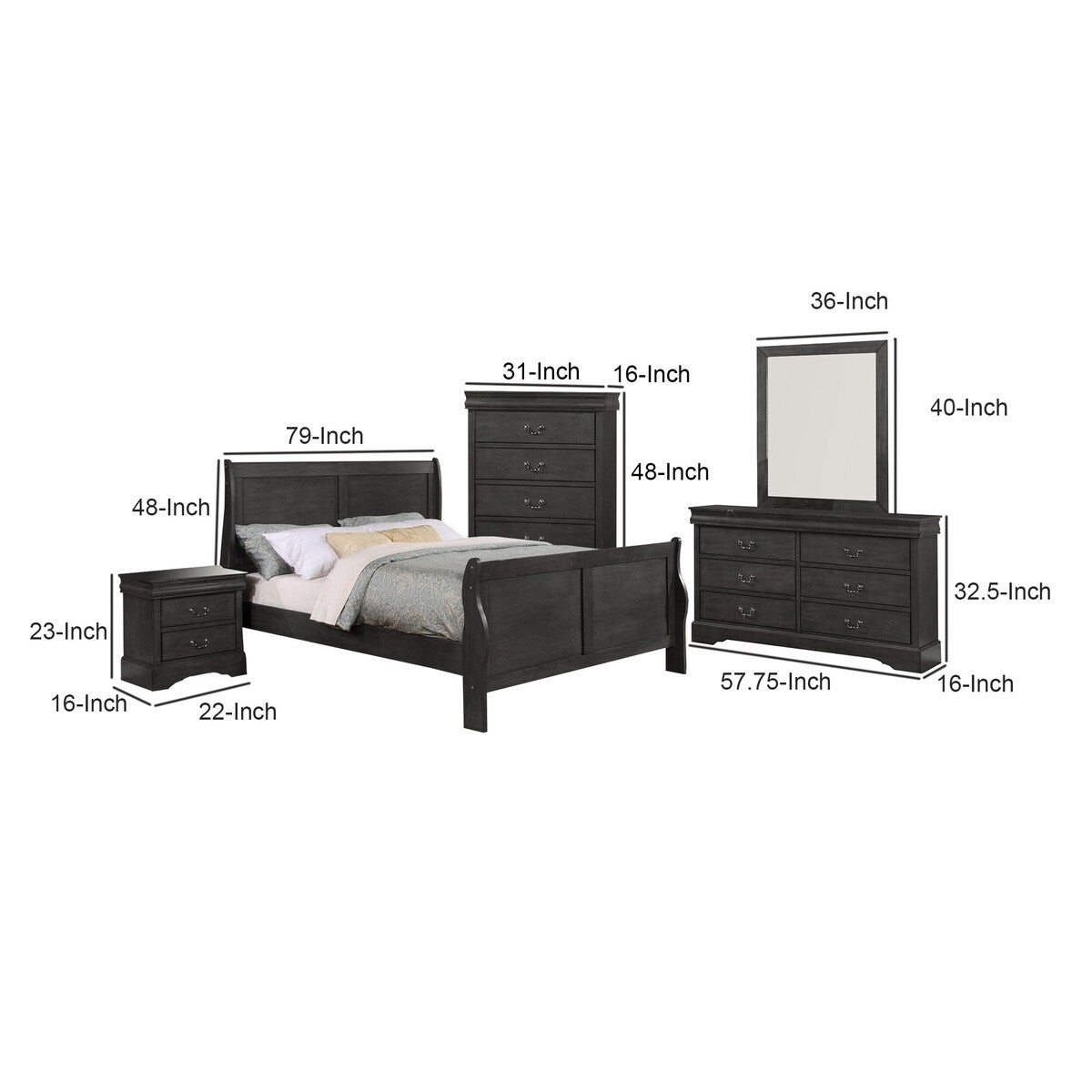 Traditional 5 Piece Wooden King Sleigh Bedroom Set, Gray