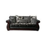 Traditional Engraved Wooden Sofa with Rolled Arms, Gray and Brown