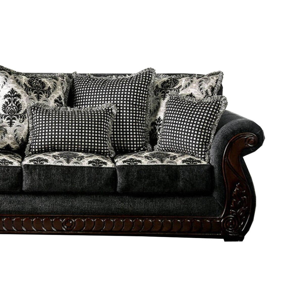 Traditional Engraved Wooden Sofa with Rolled Arms, Gray and Brown