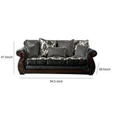Traditional Engraved Wooden Sofa with Rolled Arms, Gray and Brown