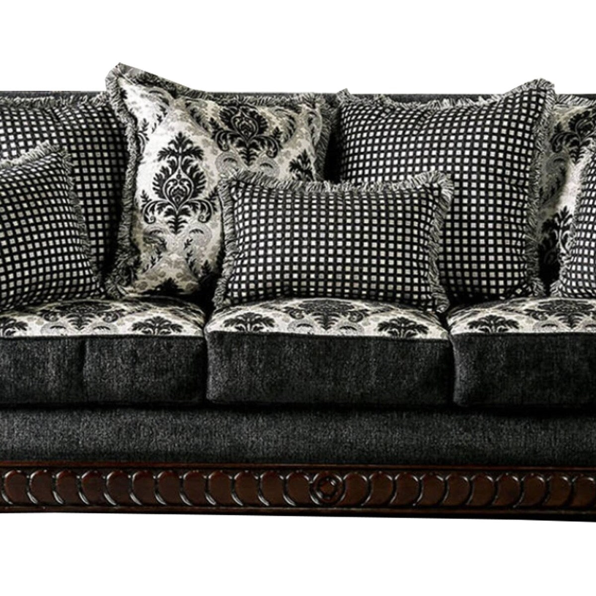 Traditional Engraved Wooden Sofa with Rolled Arms, Gray and Brown