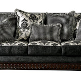 Traditional Engraved Wooden Sofa with Rolled Arms, Gray and Brown