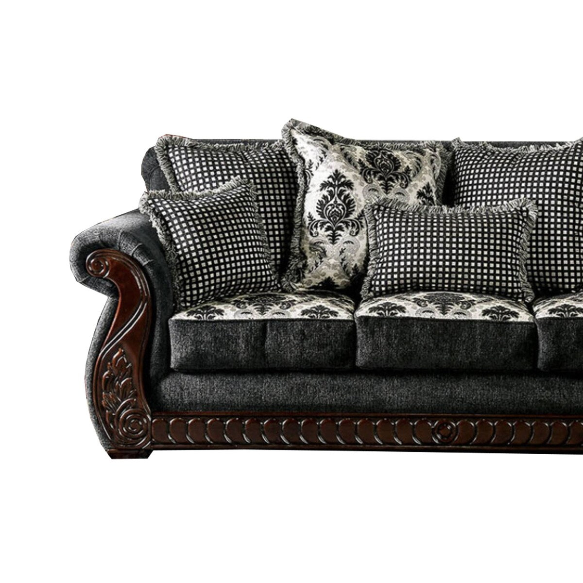 Traditional Engraved Wooden Sofa with Rolled Arms, Gray and Brown