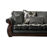 Traditional Engraved Wooden Sofa with Rolled Arms, Gray and Brown