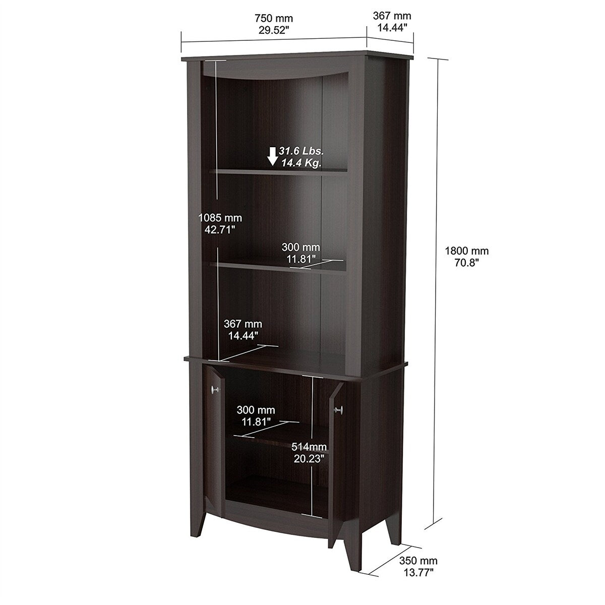 Traditional Espresso Wood Finish here Shelf Bookcase - W29 x D14 x H78