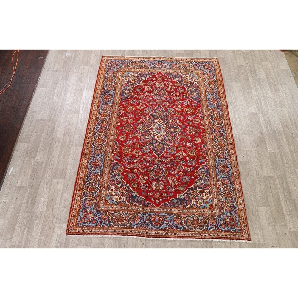 Traditional Floral Red Kashan Persian Area Rug Wool Hand-Knotted - 6'6" x 9'7"