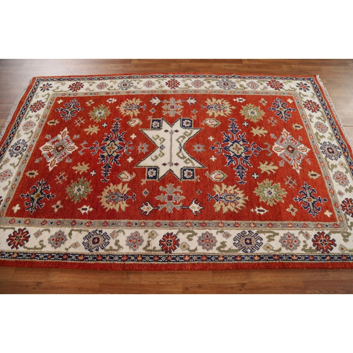 Traditional Geometric Kazak Oriental Area Rug Hand-knotted Wool Carpet - 5'2" x 7'11"