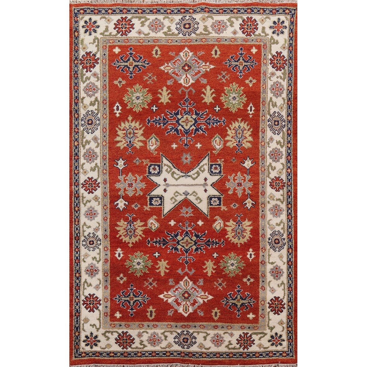 Traditional Geometric Kazak Oriental Area Rug Hand-knotted Wool Carpet - 5'2" x 7'11"