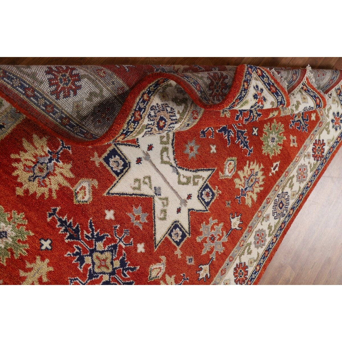 Traditional Geometric Kazak Oriental Area Rug Hand-knotted Wool Carpet - 5'2" x 7'11"