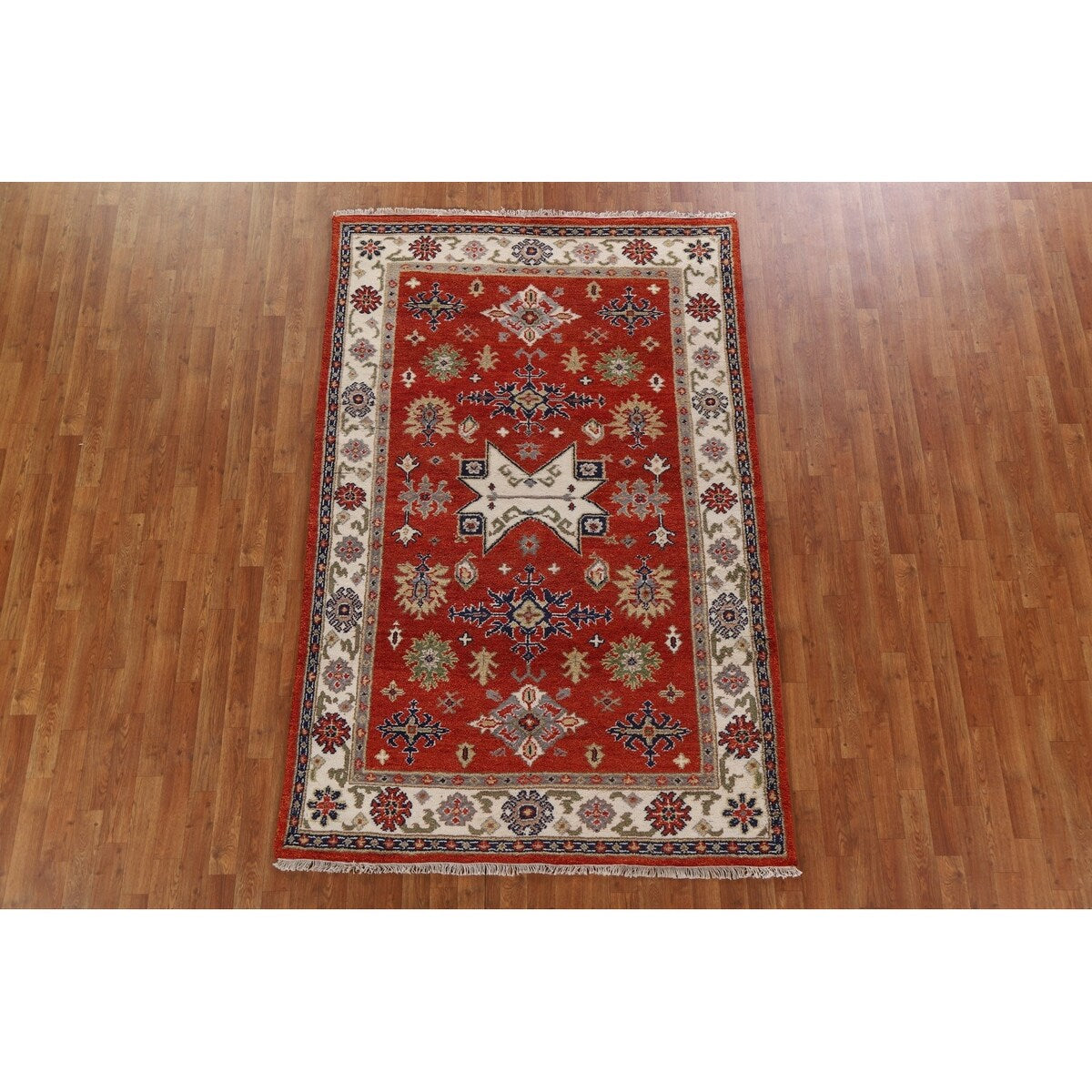 Traditional Geometric Kazak Oriental Area Rug Hand-knotted Wool Carpet - 5'2" x 7'11"