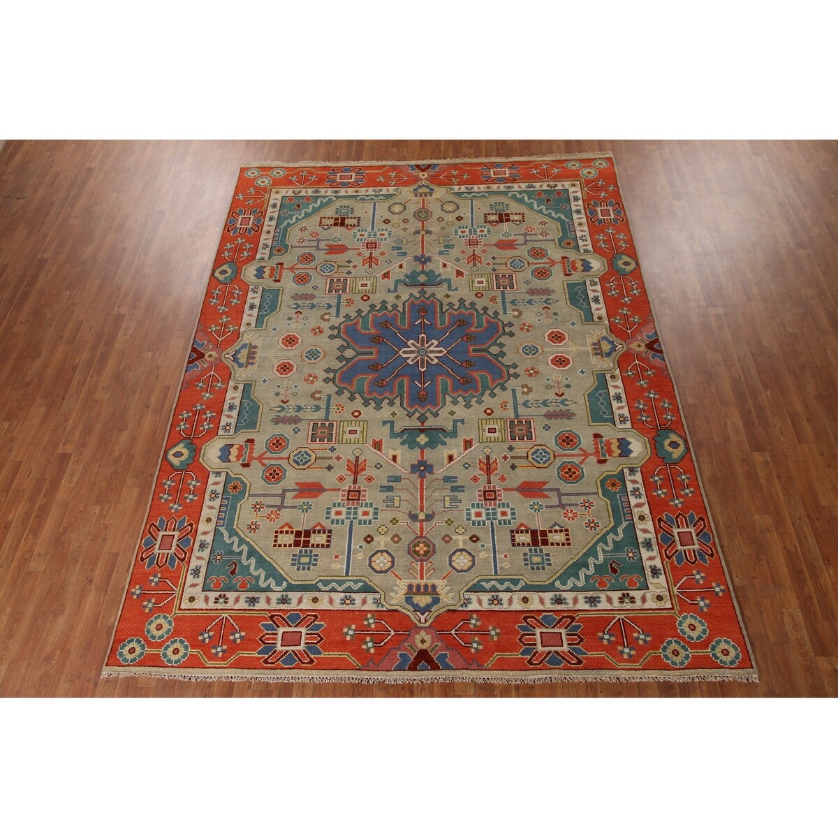Traditional Green Heriz Serapi Oriental Rug Hand-Knotted Wool Carpet - 8'11"x 11'9"