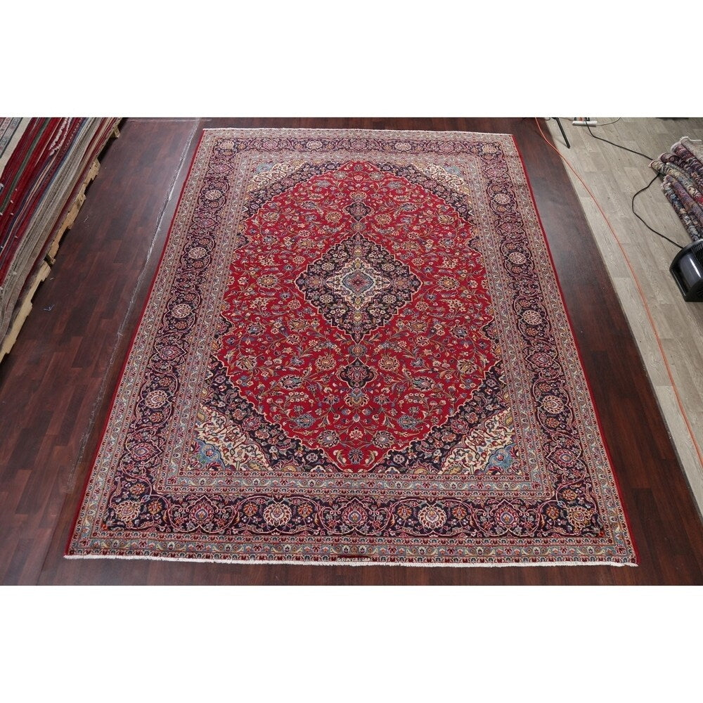 Traditional Kashan Hand Knotted Vintage Wool Oriental Persian Area Rug - 13'6" x 10'5"