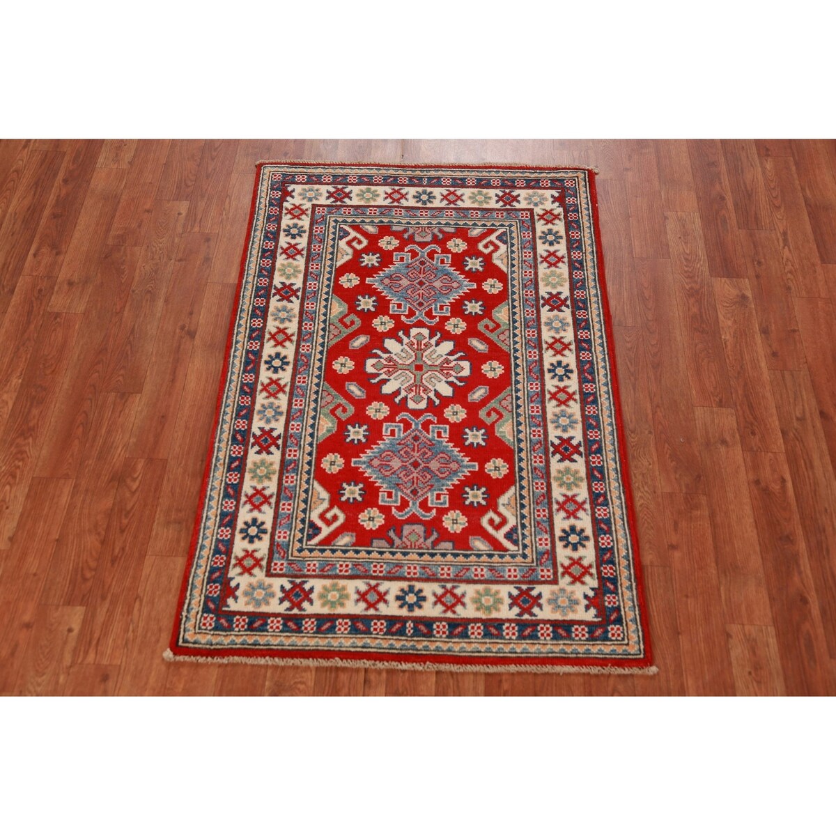 Traditional Kazak Oriental Rug Hand-Knotted Geometric Wool Carpet - 2'8"x 4'0"