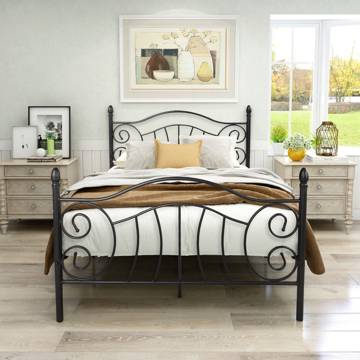 Traditional Metal Bed Frame-Black-Industrial