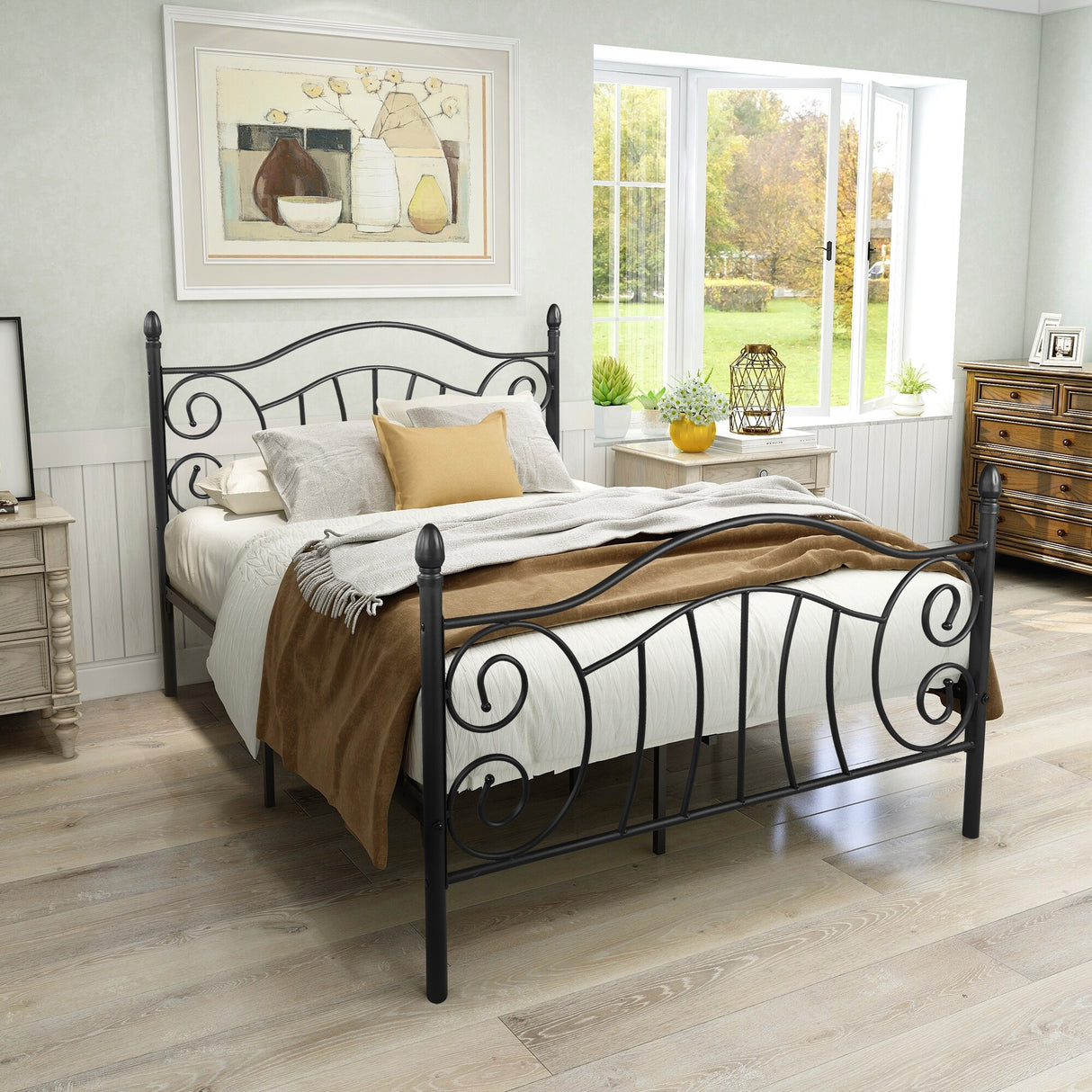 Traditional Metal Bed Frame-Black-Industrial