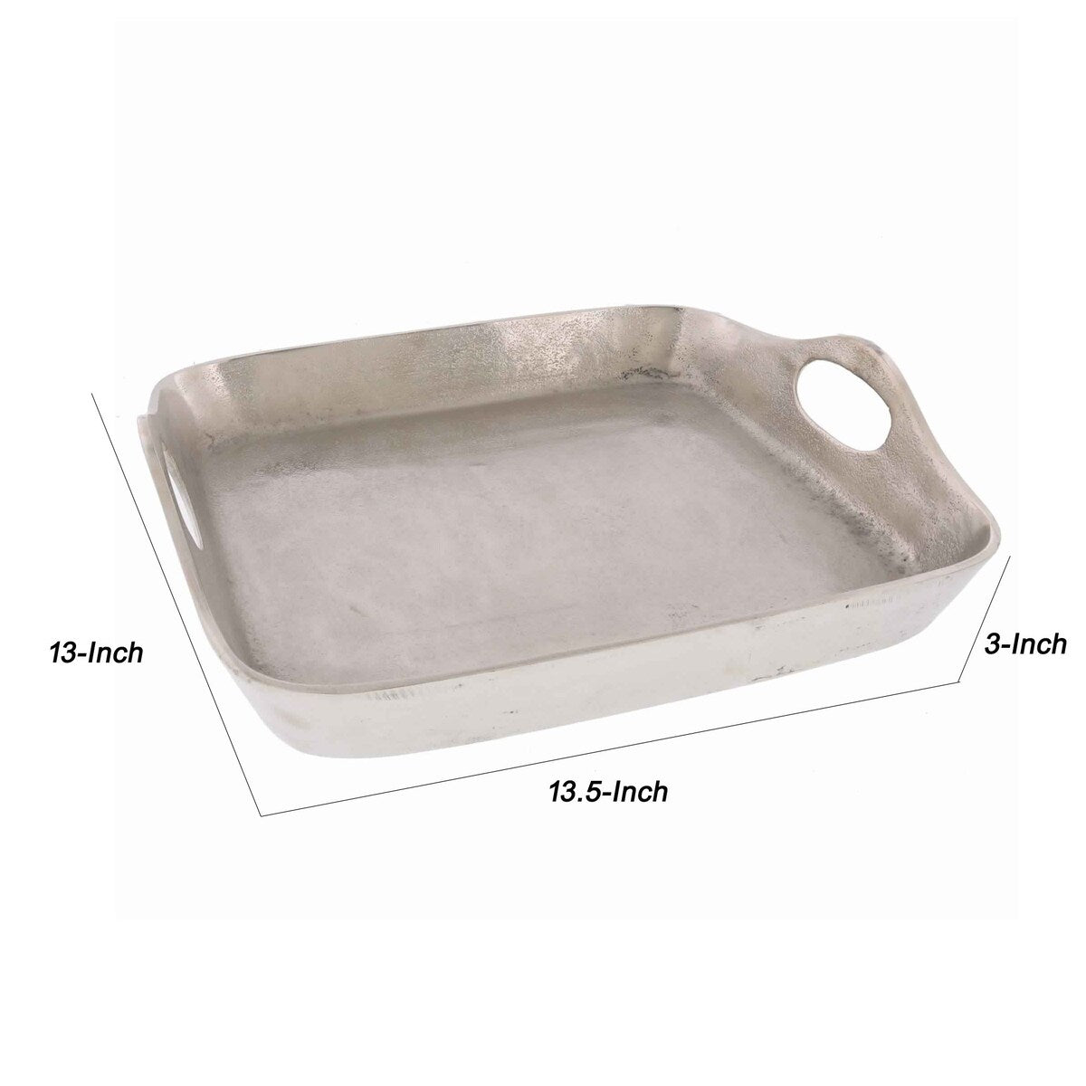 Traditional Metal Tray with Square Shaped Design and Cut-Out Handles, Silver