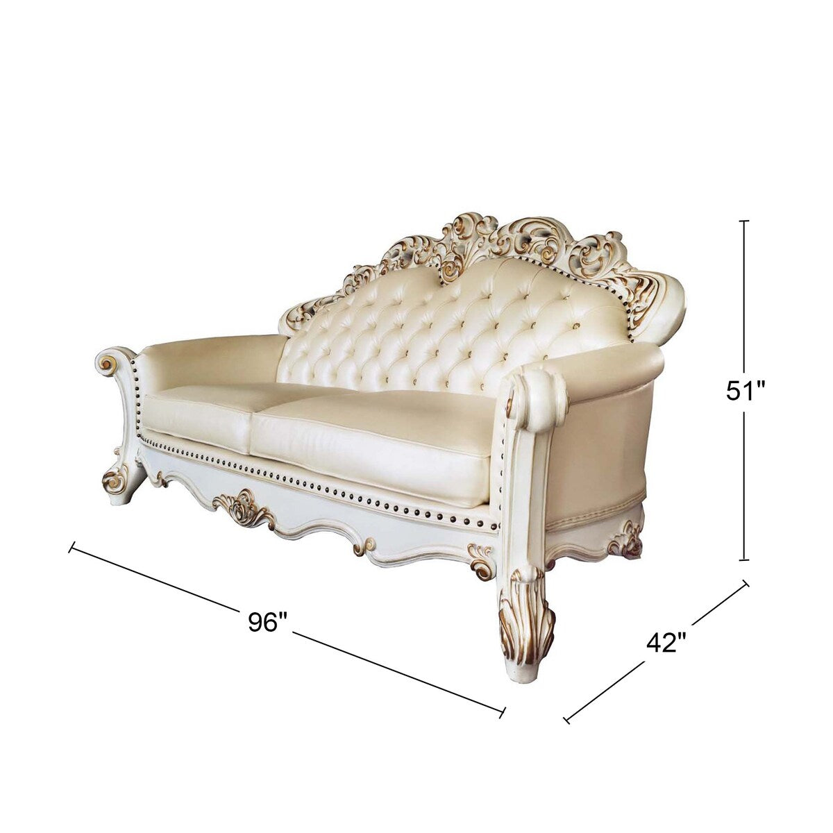 Traditional PU Upholstered Sofa with 5 Accent Pillows in Champagne and Antique Pearl