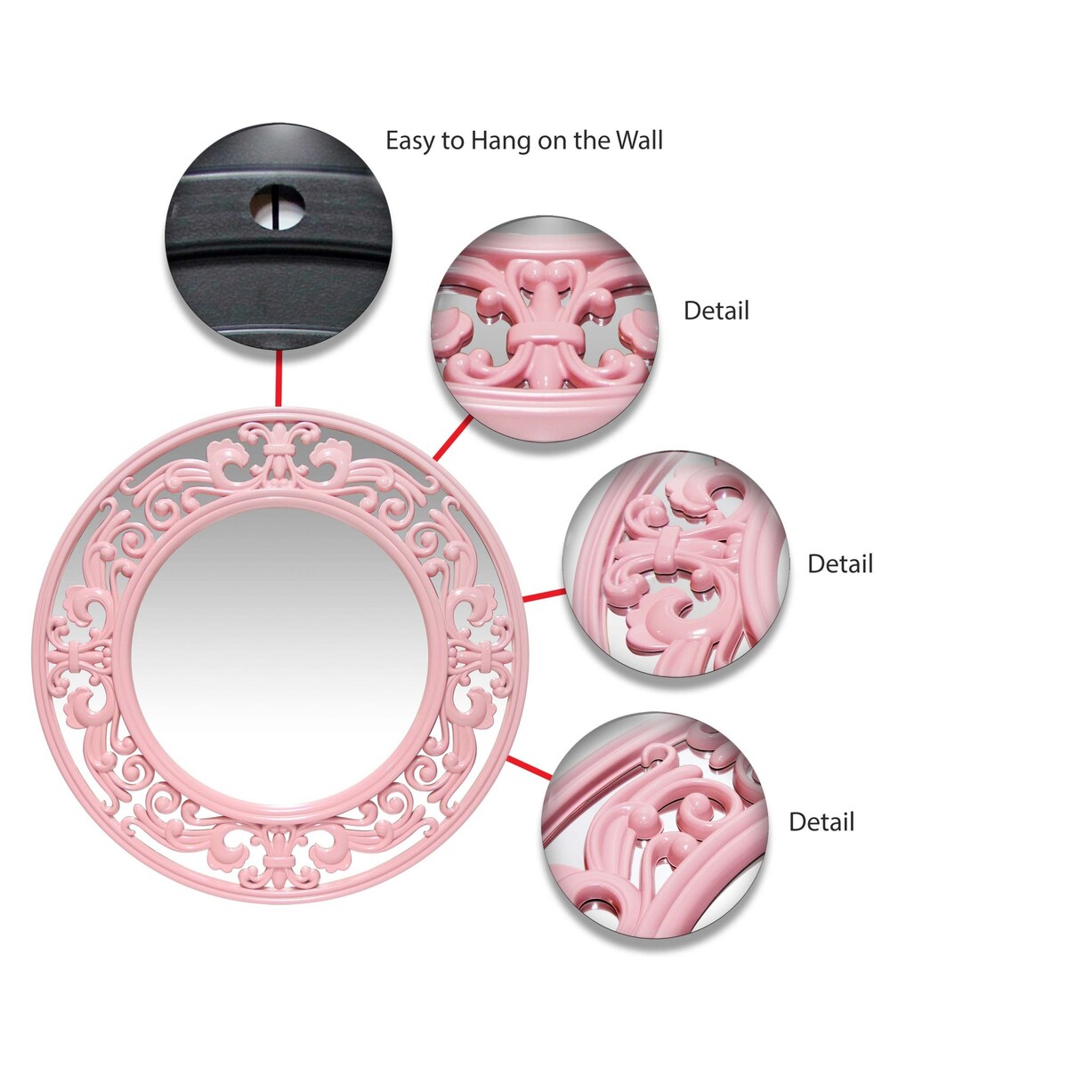Traditional Pink 24 inch Decorative Round Pink Wall Mirror - 23.5 x 1 x 23.5