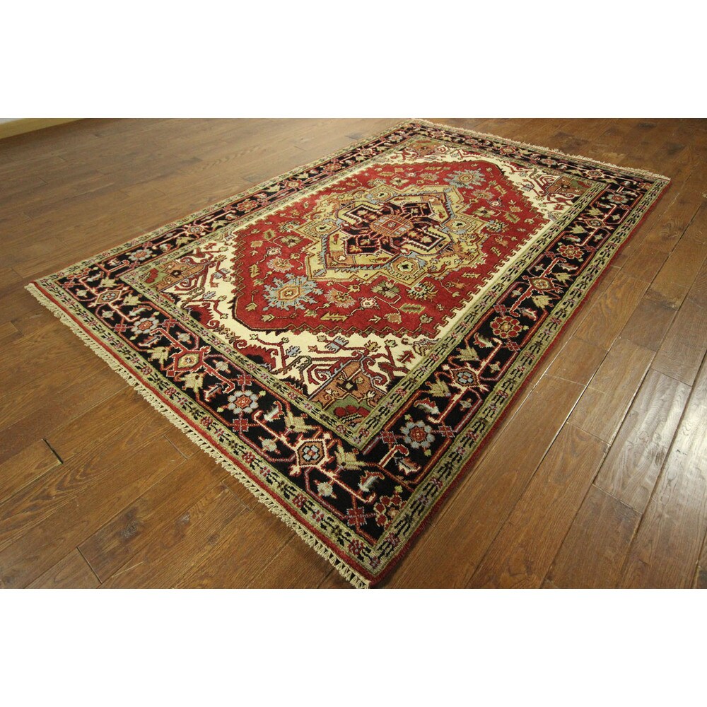 Traditional Red Heriz Serapi Hand-knotted Wool Geo-Floral Area Rug (6' x 9')