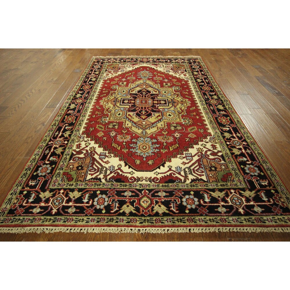 Traditional Red Heriz Serapi Hand-knotted Wool Geo-Floral Area Rug (6' x 9')