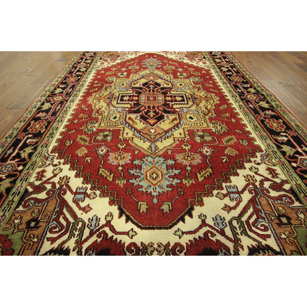 Traditional Red Heriz Serapi Hand-knotted Wool Geo-Floral Area Rug (6' x 9')
