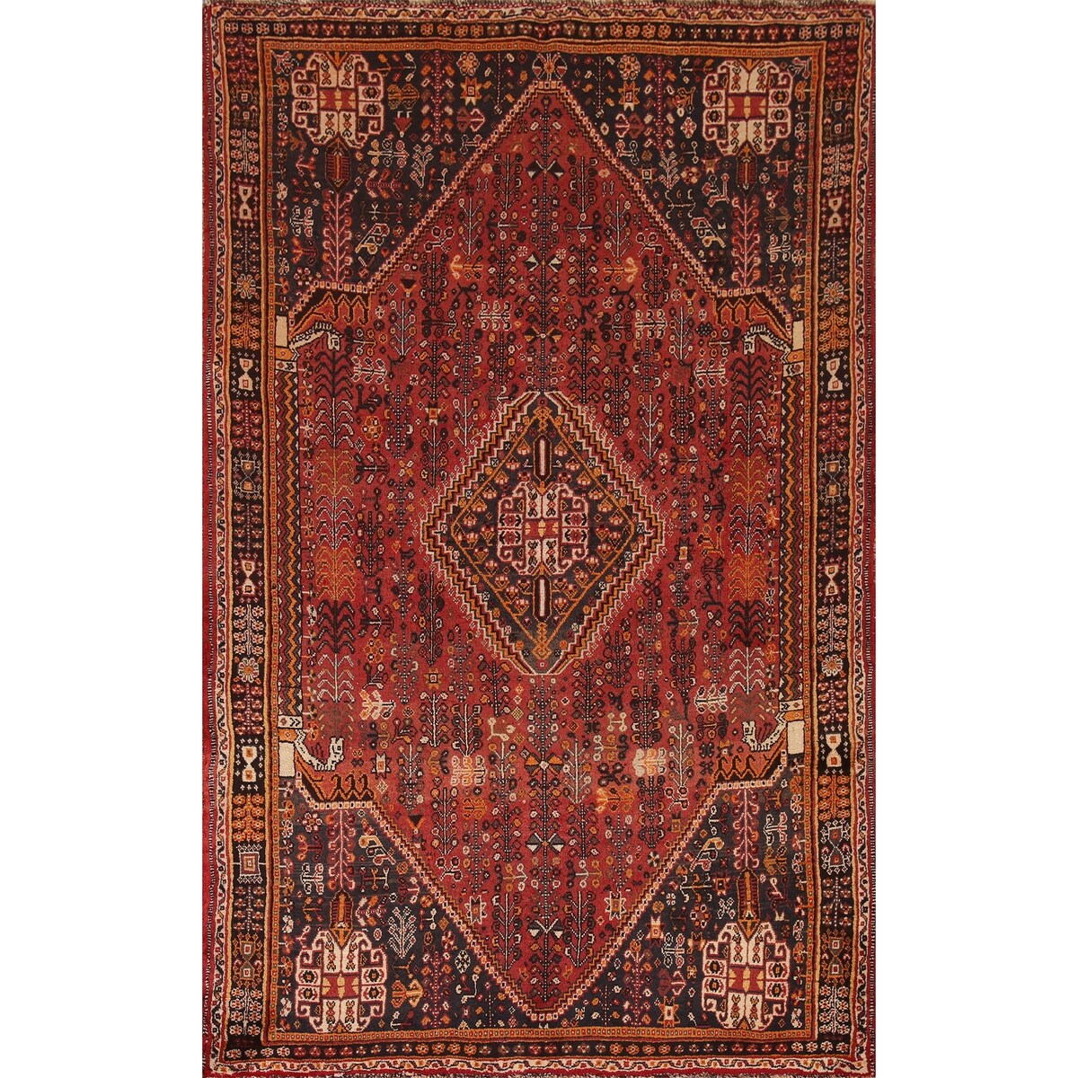 Traditional Shiraz Persian Vintage Area Rug Hand-Knotted Wool Carpet - 5'0"x 8'2"