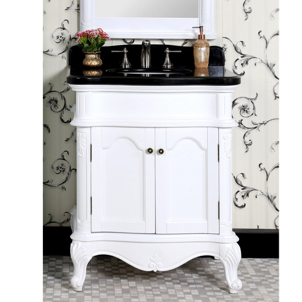 Traditional Style 30-inch White Finish Black Granite Top Matching Wall Mirror Single Sink Bathroom Vanity
