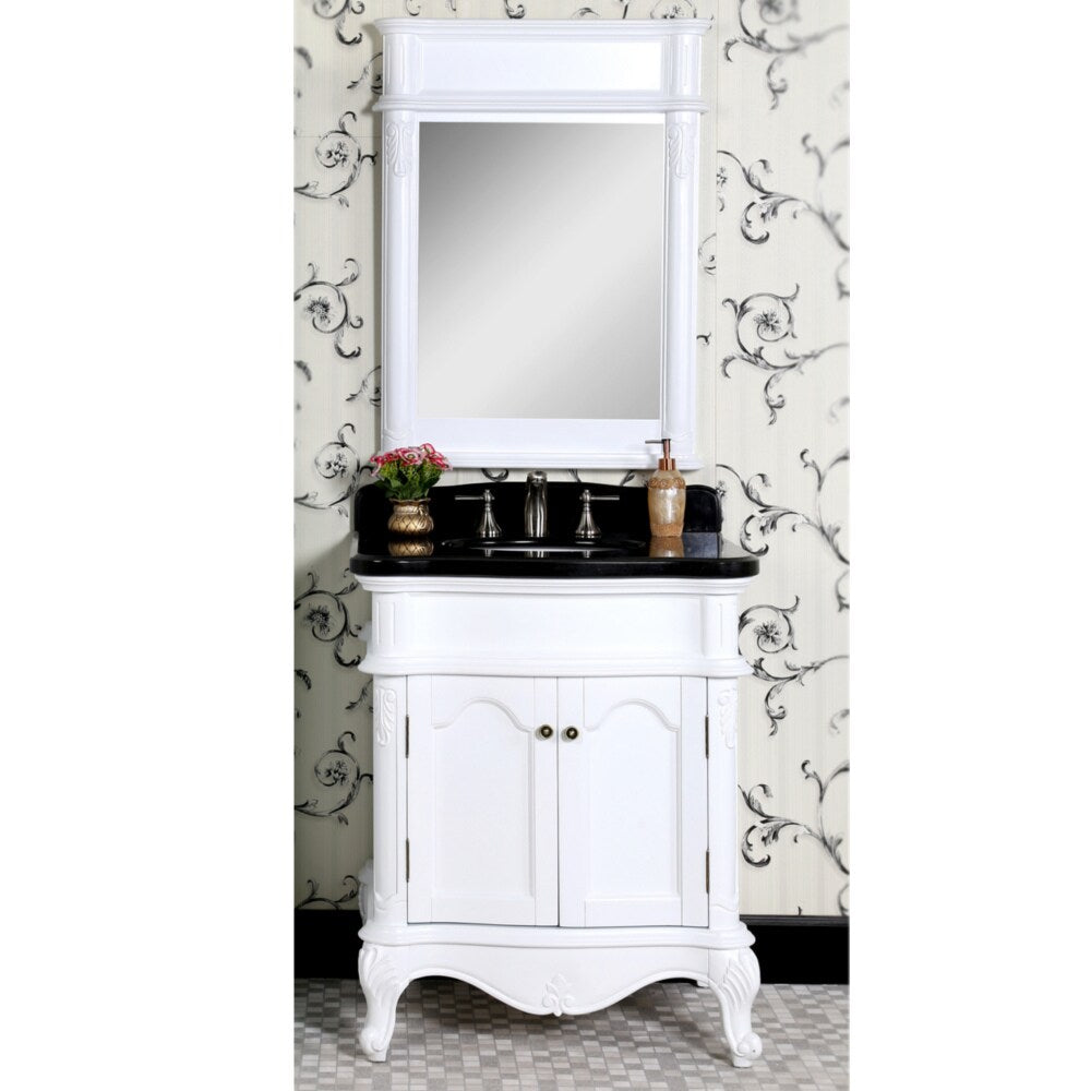 Traditional Style 30-inch White Finish Black Granite Top Matching Wall Mirror Single Sink Bathroom Vanity