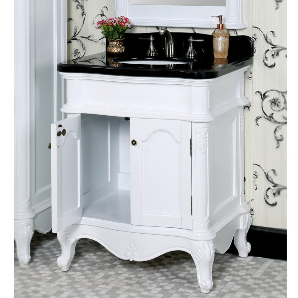 Traditional Style 30-inch White Finish Black Granite Top Matching Wall Mirror Single Sink Bathroom Vanity