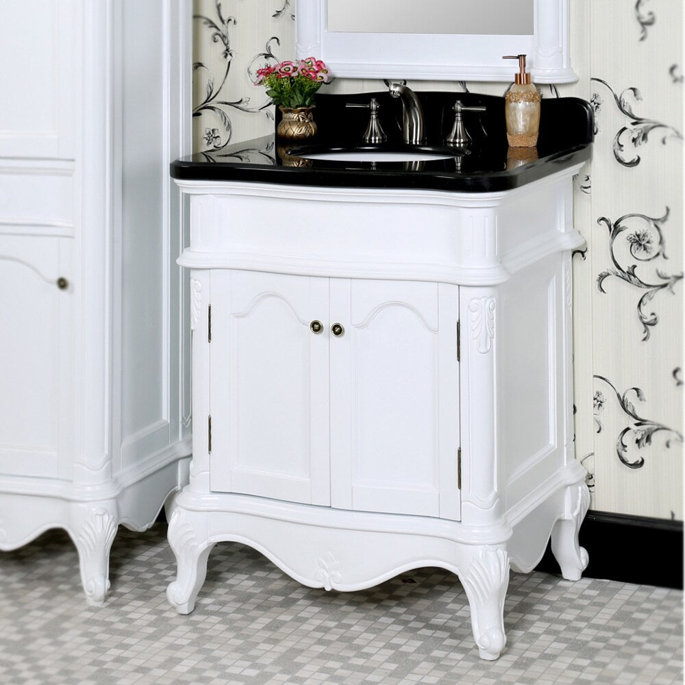 Traditional Style 30-inch White Finish Black Granite Top Matching Wall Mirror Single Sink Bathroom Vanity