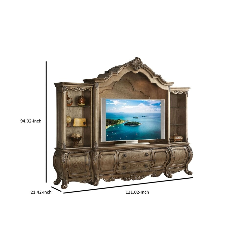 Traditional Style Wooden Entertainment Center with 2 Side Piers, Brown