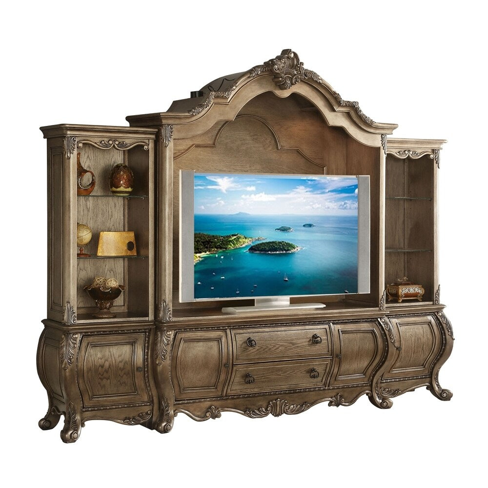 Traditional Style Wooden Entertainment Center with 2 Side Piers, Brown