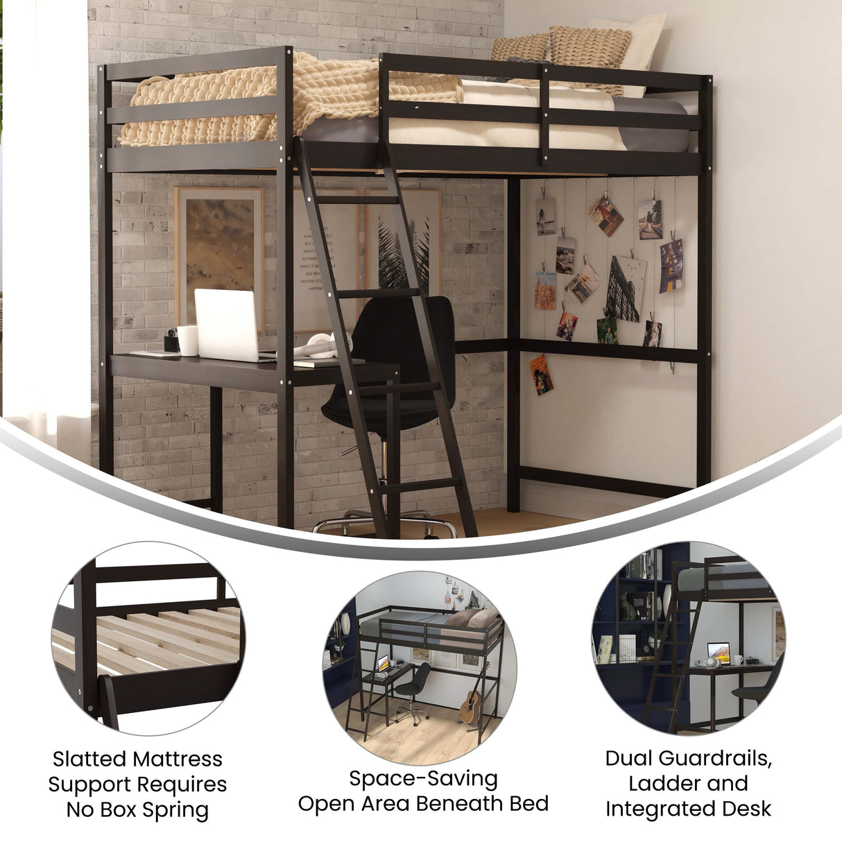 Traditional Wood Slat Loft Bed with Integrated Desk & Ladder