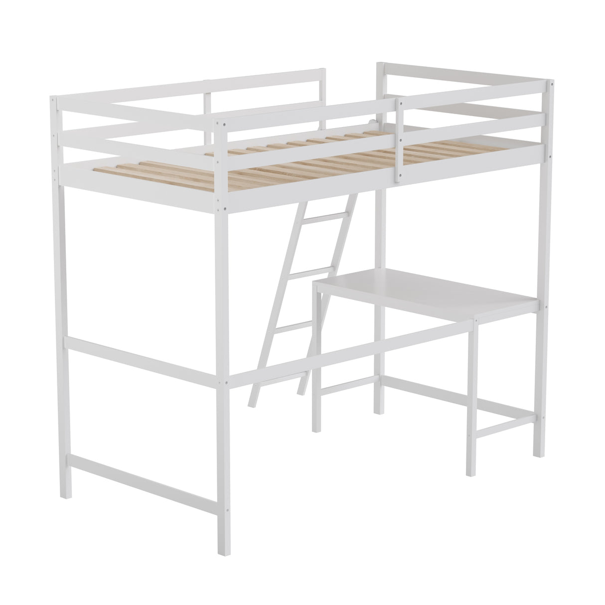 Traditional Wood Slat Loft Bed with Integrated Desk & Ladder