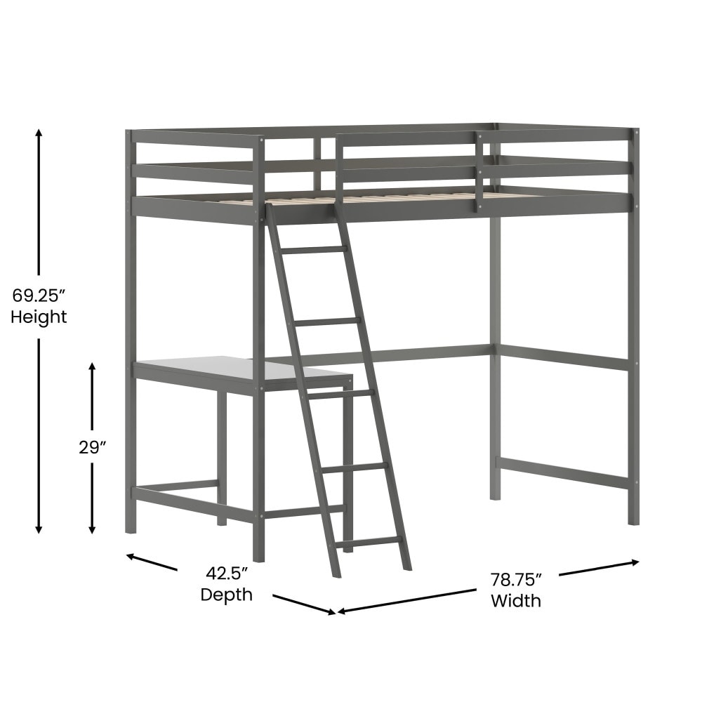 Traditional Wood Slat Loft Bed with Integrated Desk & Ladder