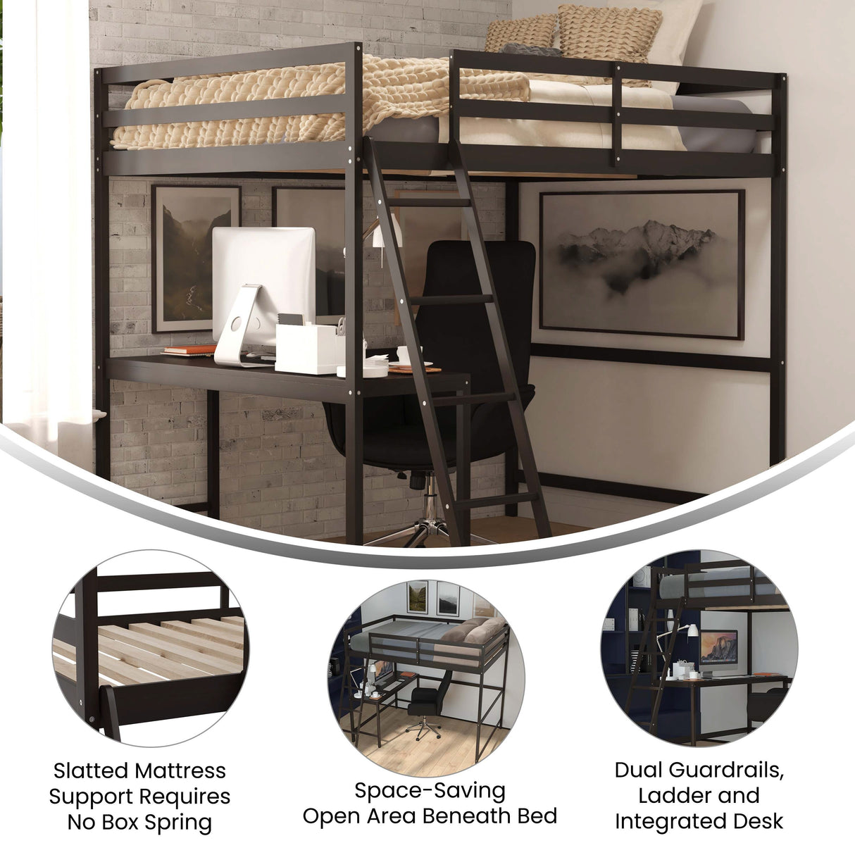 Traditional Wood Slat Loft Bed with Integrated Desk & Ladder