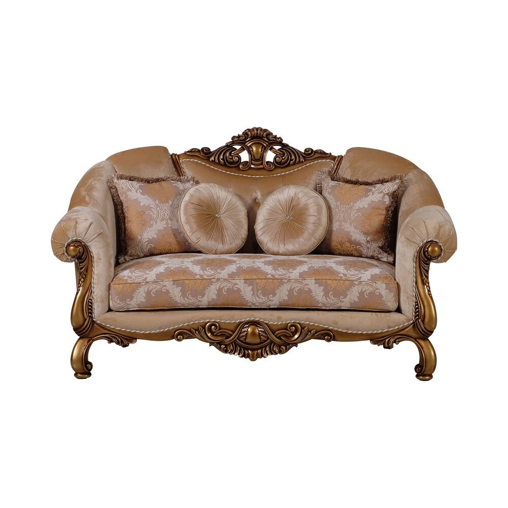 Traditional Wooden Loveseat with Ornated Scrollwork, Beige and Brown