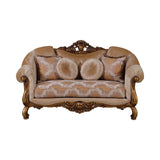 Traditional Wooden Loveseat with Ornated Scrollwork, Beige and Brown