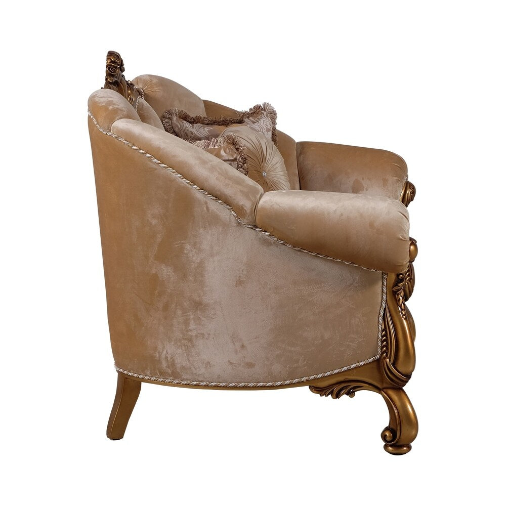 Traditional Wooden Loveseat with Ornated Scrollwork, Beige and Brown