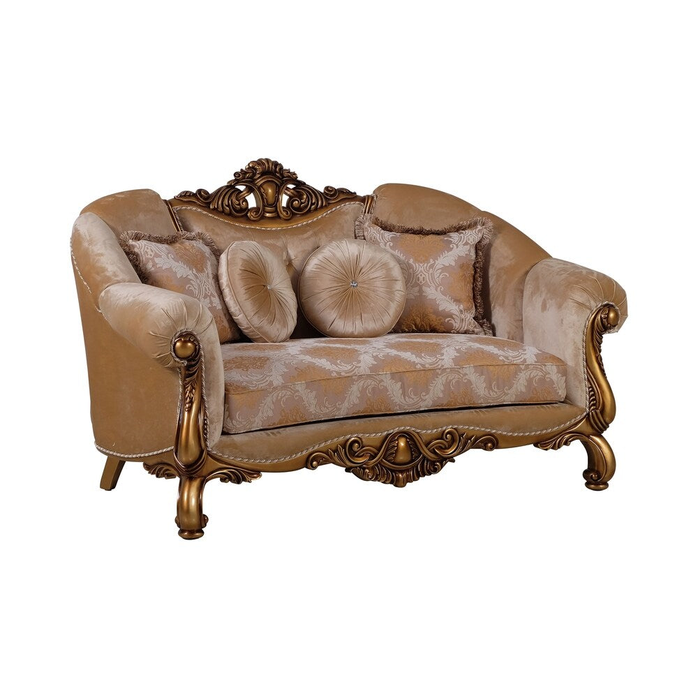 Traditional Wooden Loveseat with Ornated Scrollwork, Beige and Brown