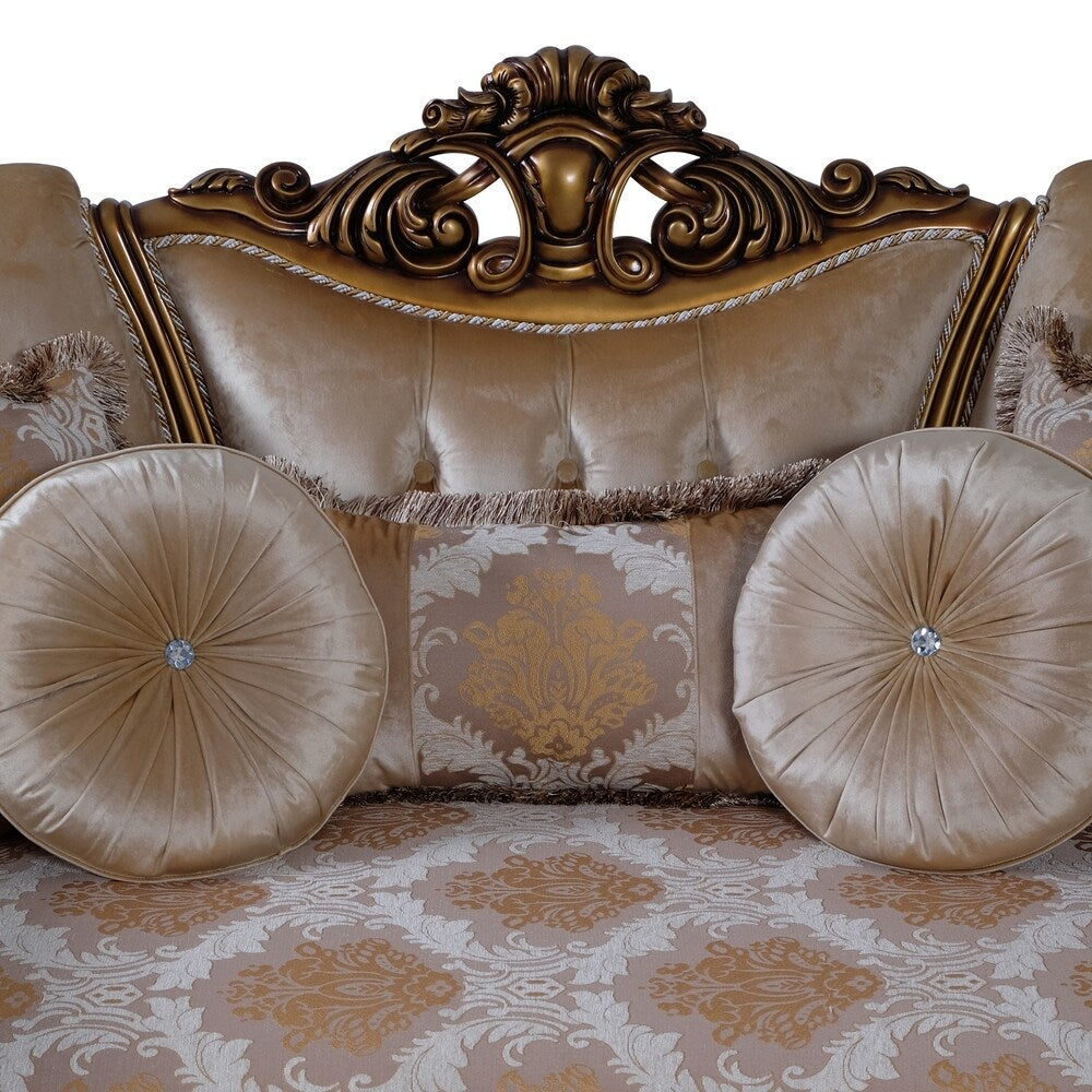 Traditional Wooden Loveseat with Ornated Scrollwork, Beige and Brown