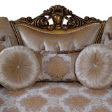 Traditional Wooden Loveseat with Ornated Scrollwork, Beige and Brown