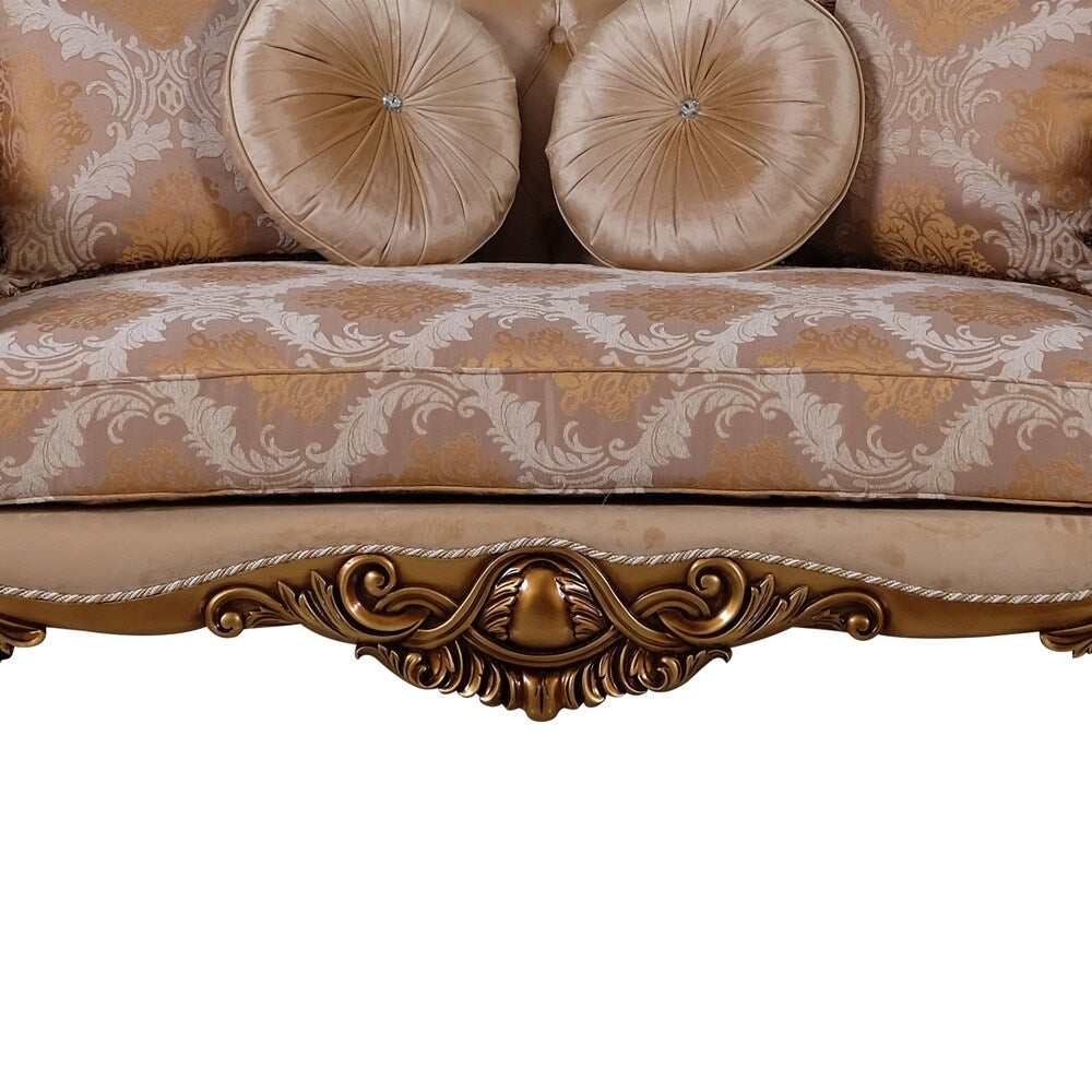 Traditional Wooden Loveseat with Ornated Scrollwork, Beige and Brown