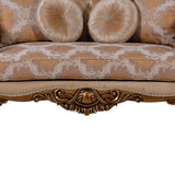 Traditional Wooden Loveseat with Ornated Scrollwork, Beige and Brown