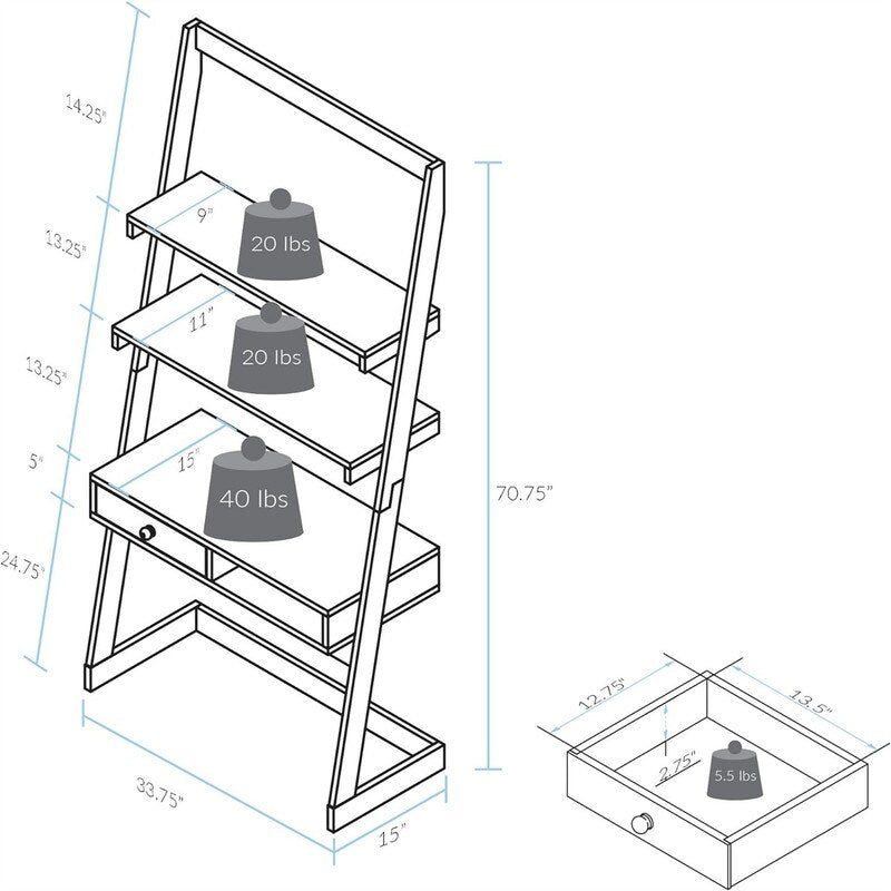 Trails Freestanding Ladder Desk With Drawer - 15"D x 33.75"W x 70.75"H