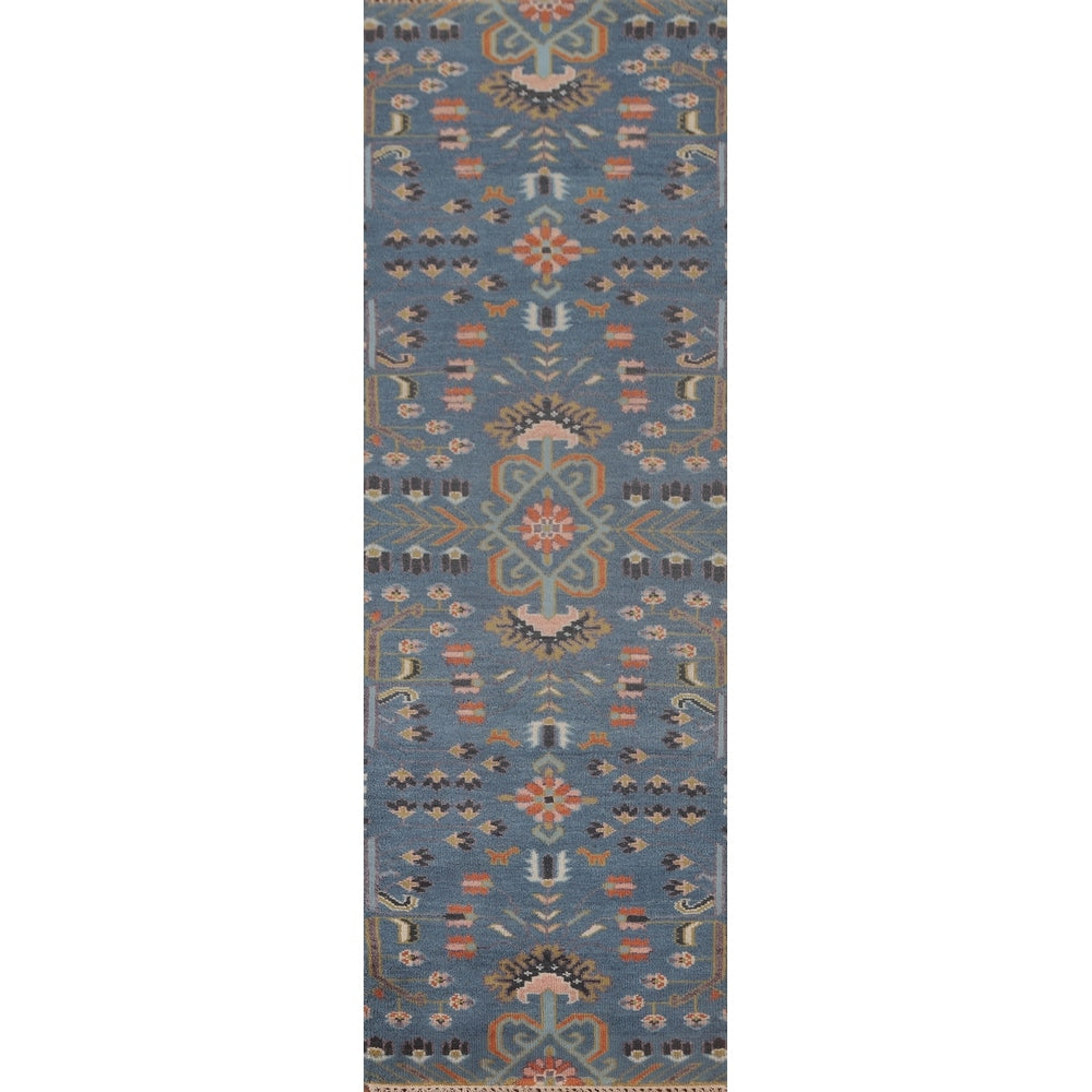 Transitional Blue Oushak Runner Rug Hand-Knotted Wool Carpet - 2'6"x 9'10"